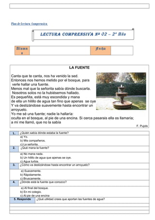 Plan de Lectura Comprensiva

                      LECTURA COMPRENSIVA Nº 02 – 2 º Año


      Alumn                                                      Fecha
        o


                                              LA FUENTE

Canta que te canta, nos ha venido la sed.
Entonces nos hemos metido por el bosque, para
 verle hallar una fuente.
Menos mal que la señorita sabía dónde buscarla.
 Nosotros solos no la hubiésemos hallado.
Es pequeñita, está muy escondida y mana
de ella un hilillo de agua tan fino que apenas se oye.
Y va deslizándose suavemente hasta encontrar un
arroyuelo.
Yo me sé una fuente; nadie la hallaría:
oculta en el bosque, al pie de una encina. Si cerca pasarais ella os llamaría;
a mí me llamó, que no la sabía
                                                                                 F. Pujols

 1.    ¿Quién sabía dónde estaba la fuente?
       a) Yo.
       b) Mis compañeros.
       c) La señorita.
 2.    ¿Qué mana la fuente?

       a) No mana nada.
       b) Un hilillo de agua que apenas se oye.
       c) Agua turbia.
 3.    ¿Cómo va deslizándose hasta encontrar un arroyuelo?

        a) Suavemente.
       b) Rápidamente.
       c) Bruscamente.
 4.    ¿Dónde está la fuente que conozco?

       a) Al final del bosque.
       b) En mi colegio.
       c) Al pie de una encina
  5. Responde        ¿Qué utilidad crees que aportan las fuentes de agua?
 