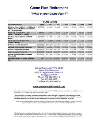 Game Plan Retirement
                                       “What’s your Game Plan?”

                                                               PLAN LIMITS
Type of Limitation                                       2013             2012           2011            2010           2009            2008      2007
Elective Deferral Limit (401(k) and                  $17,500          $17,000         $16,500        $16,500         $16,500        $15,500     $15,500
403(b) Plans; Not Including Catch-
Up Contributions)
Catch-Up Contribution Limit                            $5,500           $5,500         $5,500          $5,500         $5,500          $5,000     $5,000
(401(k) and 403(b) Plans)
Elective Deferral Limit (SIMPLE                      $12,000          $11,500         $11,500        $11,500         $11,500        $10,500     $10,500
Plans)
Catch-Up Contribution Limit                            $2,500           $2,500          $2,500         $2,500          $2,500         $2,500     $2,500
(SIMPLE Plans)
Defined Benefit Plan Limit                          $205,000         $200,000 $195,000             $195,000 $195,000              $185,000     $180,000
Defined Contribution Plan Limit                      $51,000          $50,000         $49,000        $49,000         $49,000        $46,000     $45,000
Annual Compensation Limit                           $255,000         $250,000 $245,000             $245,000 $245,000              $230,000     $225,000
Key Employee Threshold                              $165,000        $165,000        $160,000       $160,000 $160,000              $150,000     $145,000
Highly Compensated Employee                         $115,000         $115,000 $110,000             $110,000 $110,000              $105,000     $100,000
Threshold
Income Subject to Social Security                          TBD       $110,100 $106,800             $106,800 $106,800              $102,000      $97,500
Tax




                                               Michael Foreman CFP(R), CEBS
                                                    Game Plan Retirement
                                               8755 W. Higgins Road, Suite 200
                                                       Chicago, IL 60647
                                                   Phone: 773-635-0001 x 9
                                                       Fax: 773-442-0930
                                                  Toll Free: 877-401-k411 x9

                                           www.gameplanretirement.com
        If you do not want to receive future emails from me, please call me at 773-635-0001 x 9 email me at Mike.Foreman@LFG.com or
        write me at 8755 W. Higgins Road, Suite 200, Chicago, IL 60647

        As provided for in government regulations, advice related to federal taxes that is contained in this communication is not
        intended or written to be used, and cannot be used, for the purpose of avoiding penalties under the Internal Revenue code.
        Individuals should seek advice based on their own particular circumstances from an independent tax advisor.

           Please do not send any trading or transaction instructions through this e-mail. They will not be honored or executed. Should you
                      require immediate assistance, please call the Lincoln Financial Advisors Trade Desk at 1-800-237-3815.




        Michael Foreman is a registered representative of Lincoln Financial Advisors Corp. Securities and investment advisory
        services offered through Lincoln Financial Advisors Corp., a broker/dealer and registered investment advisor. Insurance
        offered through Lincoln affiliates and other fine companies. It is not our position to offer legal or tax advice. CRN201211-2074094
 