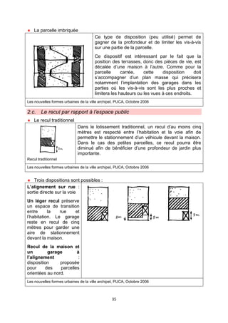35
♦ La parcelle imbriquée
Ce type de disposition (peu utilisé) permet de
gagner de la profondeur et de limiter les vis-à-vis
sur une partie de la parcelle.
Ce dispositif est intéressant par le fait que la
position des terrasses, donc des pièces de vie, est
décalée d’une maison à l’autre. Comme pour la
parcelle carrée, cette disposition doit
s’accompagner d’un plan masse qui précisera
notamment l’implantation des garages dans les
parties où les vis-à-vis sont les plus proches et
limitera les hauteurs ou les vues à ces endroits.
Les nouvelles formes urbaines de la ville archipel, PUCA, Octobre 2006
2.c. Le recul par rapport à l’espace public
♦ Le recul traditionnel
Recul traditionnel
Dans le lotissement traditionnel, un recul d’au moins cinq
mètres est respecté entre l’habitation et la voie afin de
permettre le stationnement d’un véhicule devant la maison.
Dans le cas des petites parcelles, ce recul pourra être
diminué afin de bénéficier d’une profondeur de jardin plus
importante.
Les nouvelles formes urbaines de la ville archipel, PUCA, Octobre 2006
♦ Trois dispositions sont possibles :
L’alignement sur rue :
sortie directe sur la voie
Un léger recul préserve
un espace de transition
entre la rue et
l’habitation. Le garage
reste en recul de cinq
mètres pour garder une
aire de stationnement
devant la maison.
Recul de la maison et
un garage à
l’alignement :
disposition proposée
pour des parcelles
orientées au nord.
Les nouvelles formes urbaines de la ville archipel, PUCA, Octobre 2006
 