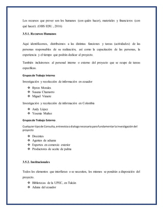 Los recursos que prever son los humanos (con quién hacer), materiales y financieros (con
qué hacer). (OBS EDU , 2016)
3.5.1. Recursos Humanos
Aquí identificamos, distribuimos a las distintas funciones y tareas (actividades) de las
personas responsables de su realización, así como la capacitación de las personas, la
experiencia y el tiempo que podrán dedicar al proyecto.
También incluiremos al personal interno o externo del proyecto que se ocupe de tareas
específicas.
Gruposde Trabajo Interno
Investigación y recolección de información en ecuador
 Byron Morales
 Susana Chamorro
 Miguel Vizuete
Investigación y recolección de información en Colombia
 Andy López
 Yesenia Muñoz
Gruposde Trabajo Externo
Cualquiertipode Consulta,entrevistaodialogonecesarioparafundamentarlainvestigacióndel
proyecto
 Docentes
 Agentes de aduana
 Expertos en comercio exterior
 Productores de aceite de palma
3.5.2. Institucionales
Todos los elementos que interfieran o se necesiten, los mismos se pondrán a disposición del
proyecto.
 Bibliotecas de la UPEC, en Tulcán
 Aduna del ecuador
 