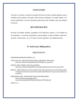 CONCLUSION
Si nosotros no tenemos en cuenta la necesidad del resto de recursos, podrían plantearse graves
problemas para la empresa. Por mucho dinero del que se disponga, si el equipo humano o los
recursos intelectuales no son los adecuados pueden darse serios conflictos para sacar adelante
el proyecto.
RECOMENDACION
Proyectar un resultado estimado, apoyándolo en los indicadores iniciales y en el resultado de
las conclusiones, es necesario proyectarnos al procesamiento de datos obtenidos (entrevistas,
encuestas, observaciones, etc.) y el marco de teoría (aportados en la fundamentación).
IV. Referencias Bibliográficas
BIBLIOGRAFÍA
COMUNIDADANDINA DENACIONES.(s.f.).
creative commons.(03 de septiembre de 2017). wikiversidad . Obtenidode
https://es.wikiversity.org/wiki/Elaboraci%C3%B3n_de_proyectos
FEDAPAL.(2017). FEDAPAL.Obtenidode FEDAPAL:
http://www.fedapal.org/web2017/index.php/estadisticas/ficha-tecnica-palma-2017
OBS EDU . (2016). OBS BussinessSchool.Obtenidode https://www.obs-edu.com/int/blog-project-
management/areas-de-conocimiento-pmbok-1/planificacion-de-recursos-de-proyecto-en-
la-practica
PROECUADOR.(2014). PROECUADOR.Obtenidode PROECUADOR:
https://www.proecuador.gob.ec/wp-
content/uploads/2015/05/PROEC_AS2014_ACEITEPALMA.pdf
SENAE.(S.F.).
 