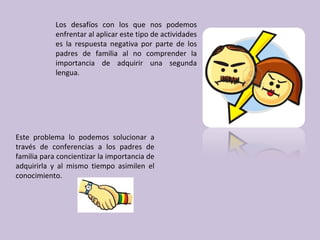 Los desafíos con los que nos podemos enfrentar al aplicar este tipo de actividades es la respuesta negativa por parte de los padres de familia al no comprender la importancia de adquirir una segunda lengua. Este problema lo podemos solucionar a través de conferencias a los padres de familia para concientizar la importancia de adquirirla y al mismo tiempo asimilen el conocimiento.