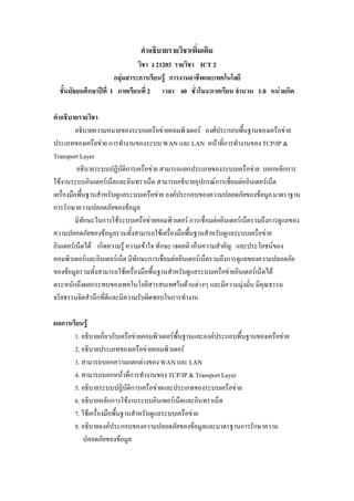คําอธิบายรายวิชาเพิ่มเติม
วิชา ง 21203 รายวิชา ICT 2
กลุมสาระการเรียนรู การงานอาชีพและเทคโนโลยี
ชั้นมัธยมศึกษาปที่ 1 ภาคเรียนที่ 2 เวลา 40 ชั่วโมง/ภาคเรียน จํานวน 1.0 หนวยกิต
คําอธิบายรายวิชา
อธิบายความหมายของระบบเครือขายคอมพิวเตอร องศประกอบพื้นฐานของเครือขาย
ประเภทของเครือขาย การทํางานของระบบWAN และ LAN หนาที่การทํางานของTCP/IP &
Transport Layer
อธิบายระบบปฏิบัติการเครือขาย สามารถแยกประเภทของระบบเครือขาย บอกหลักการ
ใชงานระบบอินเตอรเน็ตและอินทราเน็ต สามารถอธิบายอุปกรณการเชื่อมตออินเตอรเน็ต
เครื่องมือพื้นฐานสําหรับดูแลระบบเครือขาย องคประกอบของความปลอดภัยของขอมูลมาตราฐาน
การรักษาความปลอดภัยของขอมูล
มีทักษะในการใชระบบเครือขายคอมพิวเตอร การเชื่อมตออินเตอรเน็ตรวมถึงการดูแลของ
ความปลอดภัยของขอมูลรวมทั้งสามารถใชเครื่องมือพื้นฐานสําหรับดูแลระบบเครือขาย
อินเตอรเน็ตได เกิดความรู ความเขาใจ ทักษะ เจตคติ เห็นความสําคัญ และประโยชนของ
คอมพิวเตอรและอินเตอรเน็ต มีทักษะการเชื่อมตออินเตอรเน็ตรวมถึงการดูแลของความปลอดภัย
ของขอมูลรวมทั้งสามารถใชเครื่องมือพื้นฐานสําหรับดูแลระบบเครือขายอินเตอรเน็ตได
ตระหนักถึงผลกระทบของเทคโนโลยีสารสนเทศในดานตางๆ และมีความมุงมั่น มีคุณธรรม
จริยธรรมจิตสํานึกที่ดีและมีความรับผิดชอบในการทํางาน
ผลการเรียนรู
1. อธิบายเกี่ยวกับเครือขายคอมพิวเตอรพื้นฐานและองคประกอบพื้นฐานของเครือขาย
2. อธิบายประเภทของเครือขายคอมพิวเตอร
3. สามารถบอกความแตกตางของWAN และ LAN
4. สามารถบอกหนาที่การทํางานของTCP/IP & TransportLayer
5. อธิบายระบบปฏิบัติการเครือขายและประเภทของระบบเครือขาย
6. อธิบายหลักการใชงานระบบอินเทอรเน็ตและอินทราเน็ต
7. ใชเครื่องมือพื้นฐานสําหรับดูแลระบบเครือขาย
8. อธิบายองคประกอบของความปลอดภัยของขอมูลและมาตรฐานการรักษาความ
ปลอดภัยของขอมูล
 