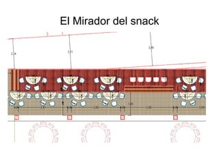 El Mirador del snack
1.- El proyecto tiene como fin buscar duplicar el área de exposición de personas hacia las canchas
2.- Buscar Mayor protección de las usuarios de esta área por parte del sol y protección eolica y
climática con la incorporación de cerramientos de los laterales del snack buscando mayor confort
3.- Dicho espacio constara de un equipamiento acorde a la función, la de observar tenis
 