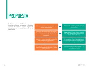 46
PROPUESTA
Dada la complejidad del CHL, la propuesta se
organiza en tres ejes estratégicos. Cada eje es
un marco de acción que contiene un grupo de
estrategias afines entre sí, enlazadas por un ob-
jetivo común.
Administración territorial fragmentada y nor-
mativas desactualizadas
Actualización normativa general: Nuevo re-
glamento único
Destrucción del paisaje urbano, en términos
de escala, usos y medio ambiente, siendo el
usoo comercial un generador de característi-
cas negativas
Eje estratégico I: Paisaje Urbano Histórico
que realza los valores extraordinarios del
Centro Histórico de Lima
Situación de vivienda precaria, sumada a fal-
ta de incentivos para la inversión en
regeneración
Eje estratégico II: Centro habitable y atracti-
vo; con mejores condiciones habitacionales y
promoción de la regeneración urbana
Rol indefinido a nivel metropolitano, concen-
trado en actividades que deterioran el Paisaje
Urbano Histórico
Administración territorial fragmentada y nor-
mativa desactualizadas
 