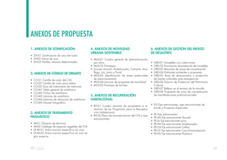 77
1. ANEXOS DE ZONIFICACIÓN
• ZN-01 Zonificación de usos del suelo
• ZN02 Índice de usos
• ZN-03 Perfiles urbanos determinados
2. ANEXOS DE CÓDIGO DE ORNATO
• CO-01 Cartilla de color del CHL
• CO-02 Cartilla de color para toldos
• CO-03 Guía de tratamiento de interiores
• CO-M1 Tabla general de mobiliario
• CO-M2 Fichas de mobiliario
• CO-M3 Láminas de mobiliario
• CO-M4 Láminas de ubicación de mobiliario
• CO-M5 Dossier fotográfico
3. ANEXOS DE TRATAMIENTO
PAISAJÍSTICO
• AV-01 Glosario de términos
• AV-02 Catálogo de especies vegetales del CHL
• LP-AV-01 Arborización específica en vías
• LP-AV-02 Arborización específica en vías se-
gún especie
4. ANEXOS DE MOVILIDAD
URBANA SOSTENIBLE
• MUS-01 Cuadro general de peatonalización
por años.
• MUS-02 Prototipos
• (jirones Ancash, Andahuaylas, Camaná, Hua-
llaga, Ica, Junín y Puno)
• MUS-03 Identificación de áreas potenciales
de estacionamiento
• MUS-04 Láminas de propuesta de movilidad
• MUS-05 Prototipo de bicitaxi
5. ANEXOS DE RECUPERACIÓN
HABITACIONAL
• RH-01 Cuadro resumen de parametros e in-
ventivos de los Programas para la Recupera-
ción Habitacional
• RH-02 Plano de caracterización del CHL y ejes
estructurantes
6. ANEXOS DE GESTIÓN DEL RIESGO
DE DESASTRES
• GRD-01 Inmuebles con colecciones
• GRD-02 Priorización de protección de inmuebles
• GRD-03 Ubicación de zonas de concentración
• GRD-04 Hidrantes existentes y propuesta
• GRD-05 Área de alcenamiento y protección
de bienes culturales ante emergencias
• GRD-06 Entorno de Protección del Patrimonio
Cultural
• GRD-07 Relleno en el terreno de la muralla
• GRD-08 Propuesta de zona de concentración
de manifestaciones politicas-sociales
• PG Ejes estrcturantes, ejes estructurantes de
borde y Proyectos Especiales
• PE Ejes estrcturantes
• PE-AN Eje estructurante Áncash
• PE-JU Eje estructurante Junín
• PE-AH Eje estructurante Andahuaylas
• PE-CA Eje estructurante Callao
• PE-CE Eje estructurante Cusco-Emancipación
• PE-HU Eje estructurante Huánuco
ANEXOS DE PROPUESTA
 