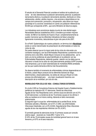 12

                       El estudio de la Demanda Potencial considera el análisis de la población por
                       ciclos de vida obteniéndose la población demandante potencial, la población
                       demandante efectiva y la población demandante atendida, distribuido en niños,
                       adolescentes, adultos, adultos mayores, y las acciones a desarrollarse en los
                       campos de la prevención, promoción y recuperación, esta última con mayor
                       porcentaje en su accionar; tomándose en cuenta una población referencial de
                       60,400 que corresponde al 60% , que como Ministerio de Salud se asigna.

                       Los indicadores socio económicos desde el punto de vista distrital según
                       Necesidades Básicas Insatisfechas (N.B.I.) considera que existen mayores
                       niveles de NBI en los Distritos de Huaral e Ihuari, complementariamente se
                       pueden mencionar que los diferentes Indicadores de Salud, presentan
                       ligeramente incrementos, deduciéndose el gran reto para el año 2007.

                       En el Perfil Epidemiológico de nuestra población, en términos de la Morbilidad
                       existe un común denominador de presentación de enfermedades en todos los
                       ciclos de vida.
                       Se puede observar que en la mayor parte de los ciclos de vida existe una
                       constante nosológica y son las Enfermedades Respiratorias a predominio de los
                       extremos de la vida (Niño, Adulto Mayor) inclusive en los adolescentes, por lo
                       tanto uno de los problemas de salud identificado en la población son las
                       Enfermedades Respiratorias, debiendo guardar relación con los datos que se
                       obtuvieron a través de los años de vida potencialmente perdidos AVPP (muertes
                       más tempranas) y por la razón estandarizada de mortalidad (REM) (entidades
                       por las que nuestra demanda enferma más frecuentemente).

                       Se observa también el incremento de enfermedades crónicas degenerativas en
                       el Adulto y adulto Mayor producto de los diferentes factores de riesgo,
                       determinantes y desencadenantes, los estilos de vida que influyen en todo
                       proceso de enfermedad para una mejor visualización hacemos una
                       descripción de la morbilidad por ciclo de vida .

                       MORBILIDAD POR CICLO DE VIDA - CONSULTORIOS EXTERNOS.

                       En el año 2,005 en Consultorios Externos del Hospital Huaral y Establecimientos
                       periféricos se realizaron 95,117 atenciones. Siendo las Infecciones
                       Agudas de las Vías Respiratorias como primera causa de atención con el 21%
                       (2,324 atenciones). La tendencia de las 10 primeras causas en los últimos 3
                       años se mantiene en el mismo ranking, liderando el daño mencionado
                       anteriormente.
                       El segundo lugar lo ocupa las enfermedades de la cavidad Bucal, de las
                       Glándulas salivales y Maxilares, son el 8 % (7,248). Las enfermedades
                       Infecciosas Intestinales son un 6% (6,024), Seguidamente Otras infecciones
                       agudas de las vías respiratorias inferiores con 5% (4,541).

                       El promedio general de atenciones de las 10 primeras causas por consulta
                       externa según escenario es: Costa 88% Y sierra 12 %.
                       El 43% de las 10 principales causas de morbilidad general fueron en el sexo
                       femenino y el 57% en el sexo masculino.




PLAN MAESTRO DE INVERSIONES EN INFRAESTRUCTURA HOSPITAL SAN JUAN BAUTISTA DE HUARAL
 
