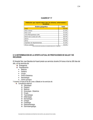 134




                                                          CUADRO N° 17

                        Población que reportó algún tipo de síntoma, enfermedad o
                                                accidente

                                             Ámbito geográfico                                             Total
                      Total                                                                                  60.3%
                      Área urbana                                                                            61.9%
                      Área rural                                                                             57.5%
                      Lima Metropolitana (LM)                                                                63.2%
                      Resto de la costa (sin LM)                                                             60.4%
                      Sierra                                                                                 60.1%
                      Selva                                                                                  54.9%
                      Capitales de departamentos                                                             61.6%
                      Otras ciudades                                                                         59.0%
                                       Fuente: INEI-ENCUESTA NACIONAL DE HOGARES-ENAHO 2001 IV TRIMESTRE




II.1.6 DETERMINACION DE LA OFERTA ACTUAL DE PRESTACIONES DE SALUD Y DE
RECURSOS

El Hospital San Juan Bautista de Huaral presta sus servicios durante 24 horas al dia los 365 dias del
año, en los servicios de:
         Emergencia
          Hospitalización:
             Medicina
             Pediatría
             Cirugía
             Gineco-Obstetricia
             Neonatología
             Centro quirúrgico
Y durante 10 horas al día de Lunes a Sábado en los servicios de:
        Consultorios externos:
              Odontología
              Pediatría
              Medicina
              Ginecología - Obstetricia
              Cirugía
              Traumatología
              Oftalmología
              Dermatología
              Urología
              Cardiología
              Gastroenterología
              Otorrinolaringología.



        PLAN MAESTRO DE INVERSIONES EN INFRAESTRUCTURA HOSPITAL SAN JUAN BAUTISTA DE HUARAL
 