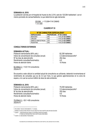 145

DEMANDA AL 2018:
La población servida por el Hospital de Huaral al año 2,018, será de 125,064 habitantes 6, con el
mismo promedio de camas/habitante, lo que determina la sgte demanda:

                                            125,064 = 113.69≈114 CAMAS
                                            1.1x1,000

                                                              CUADRO Nº 33

                                                Nº DE CAMAS POR ESPECIALIDAD7
                                   ESPECIALIDAD                      PROPORCION             Nº DE CAMAS
                                   MEDICINA                          28%                    114X.28=32 CAMAS
                                   CIRUGÍA                           30%                    114X.30=34 CAMAS
                                   GINECO-OBSTETRICIA                22%                    114X.22=25 CAMAS
                                   PEDIATRIA                         20%                    114X.20=23 CAMAS

CONSULTORIOS EXTERNOS

DEMANDA ACTUAL:
Población demandante (60% pob.)                                                  :                62,338 habitantes
Índice de concentración de consultas (anual)                                     :                2.2 atenciones/pac/año8
Nº de días de atención/año                                                       :                252 días
Rendimiento consultas/hora/medico                                                :                4-5
Horas de atención diaria                                                         :                10 Horas

62,338x2.2 = 13.6 ≈14 consultorios
252x4x10

De acuerdo a este cálculo la cantidad actual de consultorios es suficiente, debiendo incrementarse el
rendimiento de consultas que es de 3.3 por hora, lo que genera aglomeraciones en la zona de
espera, a lo cual se suma el déficit de área de este ambiente.


DEMANDA AL 2018:
Población demandante (60% pob.)                                                  :                75,039 habitantes
Índice de concentración de consultas (anual)                                     :                3.5 atenciones/pac/año9
Nº de días de atención/año                                                       :                252 días
Rendimiento consultas/hora/medico                                                :                4-5
Horas de atención diaria                                                         :                10 Horas

75,039x3.5 = 26.1 ≈26 consultorios
252x4x10

6
    APLICANDO TASA DE CRECIMIENTO 1.7 % ANUAL.
7
    NORMAS TECNICAS PARA PROYECTOS DE ARQUITECTURA HOSPITALARIA-RM 482-96-SA/DM
8
    FUENTE: CONCENTRACION CONSULTA EXTERNA HOSPITALES MINSA
            3º CENSO DE INFRAESTRUCTURA HOSPITALARIA 2005-MINSA
9
    FUENTE: ID, INDICADORES TRAZADORES




            PLAN MAESTRO DE INVERSIONES EN INFRAESTRUCTURA HOSPITAL SAN JUAN BAUTISTA DE HUARAL
 