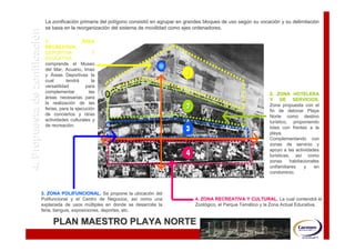 4. Propuesta de CONCEPTUAL
                             La zonificación primaria del polígono consistió en agrupar en grandes bloques de uso según su vocación y su delimitación
                                zonificació               polí     consistió                                      segú     vocació       delimitació
                             se basa en la reorganización del sistema de movilidad como ejes ordenadores.
                                            reorganizació
   PROPUESTA zonificación    1.                 ÁREA
                             RECREATIVA,
                             DEPORTIVA               Y
                             EDUCATIVA
                             comprende el Museo
                             del Mar, Acuario, Imax
                             y Áreas Deportivas la
                             cual        tendrá
                                         tendrá      la
                             versatilidad         para
                             complementar          las                                                                         2. ZONA HOTELERA
                             áreas necesarias para                                                                             Y DE SERVICIOS.
                                                                                                                                           SERVICIOS.
                             la realización de las
                                  realizació                                                                                   Zona propuesta con el
                             ferias, para la ejecución
                                             ejecució                                                                          fin de detonar Playa
                             de conciertos y otras                                                                             Norte como destino
                             actividades culturales y                                                                          turístico, proponiendo
                                                                                                                               turí
                             de recreación.
                                 recreació                                                                                     lotes con frentes a la
                                                                                                                               playa.
                                                                                                                               Complementando con
                                                                                                                               zonas de servicio y
                                                                                                                               apoyo a las actividades
                                                                                                                               turísticas, así como
                                                                                                                               turí         así
                                                                                                                               zonas      habitacionales
                                                                                                                               unifamiliares     y    en
                                                                                                                               condominio.



                         3. ZONA POLIFUNCIONAL. Se propone la ubicación del
                                                                        ubicació
                         Polifuncional y el Centro de Negocios, así como una
                                                                       así                    4. ZONA RECREATIVA Y CULTURAL. La cual contendrá el
                                                                                                                                              contendrá
                         explanada de usos múltiples en donde se desarrolla la
                                                mú                                            Zoológico, el Parque Temático y la Zona Actual Educativa.
                                                                                              Zooló                Temá
                         feria, tianguis, exposiciones, deportes, etc.

                                 PLAN MAESTRO PLAYA NORTE
 