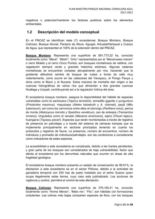 PLAN MAESTRO PARQUE NACIONAL CORDILLERA AZUL
2017-2021
Página 21 de 68
negativos o potenciar/mantener los factores positivos sobre los elementos
ambientales.
1.2 Descripción del modelo conceptual
En el PNCAZ se identifican siete (7) ecosistemas: Bosque Montano, Bosque
Colinoso, Bosque Aluvial, Pantano de Altura, Aguajal, Arbustal/Herbazal y Cuerpo
de Agua, que representan el 100% de la extensión dentro del PNCAZ.
Bosque Montano: Representa una superficie de 891,773.22 ha, conocido
localmente como “Maná”, “Bäshi”, “Urku” representados por el “Mananxawe manan”
o cerro Motelo y el cerro Cinco Puntos; son bosques montañosos de neblina, con
vegetación siempre verde y grandes helechos arbóreos. Algunas cadenas
montañosas se encuentran cortadas abruptamente por ríos, haciendo que la
gradiente altitudinal cambie de bosque de nubes a fondo de valle muy
violentamente, como ocurre en las cabeceras del Yanayacu, el Pongo Pauya y
otros como el Biavo y el Nucane. Estos macizos de montaña dan origen a las
cuencas hidrográficas de varios ríos que alimentan a dos grandes cuencas
Huallaga y Ucayali, contribuyendo así a la regulación hídrica del área.
El ecosistema bosque montano, asegura la disponibilidad del hábitat de especies
vulnerables como la sachavaca (Tapirus terrestris), armadillo gigante o yungunturo
(Priodontes maximus), maquizapa (Ateles belzebuth y A. chamek), paujil (Mitu
tuberosum); así como los carnívoros entre ellos el otorongo (Panthera onca), perros
de monte (Atelocynus microtis y Speothos venaticus), oso de anteojos (Tremarctos
ornatus); Ungulados como el venado (Mazama americana), sajino (Pecari tajacu),
huangana (Tayassu pecari). Especies que serán monitoreadas a través de registros
de presencia en patrullajes y a través del sistema de cámaras trampas que se
implementa principalmente en sectores priorizados teniendo en cuanta los
protocolos y registros de fauna. La presencia, número de encuentros, número de
individuos y promedio de individuos/patrullajes, son las condiciones a considerarse
como indicadores de estas especies.
La accesibilidad a este ecosistema es complicada, debido a las fuertes pendientes,
y gran parte de los bosques son considerados de baja vulnerabilidad, factor que
afecta al ecosistema por los derrumbes naturales que ocurren en áreas de alta
fragilidad geológica.
El ecosistema bosque montano presenta un estado de conservación de 99.91%, la
afectación a este ecosistema es en el sector Pólvora, debido a la actividad de
ganadería temporal con 255 has de pasto instalado por el señor Suarez quien
ocupa ilegalmente estas tierras, cuyo caso esta judicializado. Las acciones de
vigilancia y control, permitirá el control de esta afectación.
Bosque Colinoso: Representa una superficie de 376,185.41 ha, conocido
localmente como “Anima Manan”, “Mata me”, “Filu”, son hábitats con formaciones
ondulantes. Las colinas más bajas comparten especies de flora, con los bosques
 