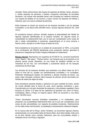 PLAN MAESTRO PARQUE NACIONAL CORDILLERA AZUL
2017-2021
Página 22 de 68
aluviales. Estas colinas tienen alta riqueza de especies de árboles, lianas, arbustos,
y, ciertas especies de palmeras y hierbas; incluyendo manchales de bromelias
terrestres. Las colinas más elevadas tienen más humedad por neblinas matutinas,
con riqueza de epífitas en los troncos y mayor número de especies de hierbas y
helechos, pero con menor cantidad de palmeras.
Estos bosques se ubican por encima de los bosques aluviales y de los grandes
humedales, a una altura entre 200-800 msnm, aunque algunas alcanzan los 1,200
msnm.
El ecosistema bosque colinoso, también asegura la disponibilidad del hábitat de
algunas especies identificadas en el bosque montano. En algunas zonas su
accesibilidad es relativamente fácil, por la cual son considerados como zonas de
alta y media vulnerabilidad a invasiones, especialmente en la zona cercana a
Nuevo Loreto, ubicada en el Alto Pauya al oeste de la ZA.
Este ecosistema se encuentra en un estado de conservación al 100%, y al sureste
de la zonificación del PNCAZ identificada como protección estricta, garantiza la
presencia e integridad del Pueblo Indígena Kakataibo en Aislamiento.
Bosque Aluvial: Representa una superficie de 57,030.81 ha, conocido localmente
como “Sapan”, “Me sapan”, “Pampa Sacha”, son bosques que se encuentran en la
planicie aluvial (zonas ribereñas), es una franja de amplitud variable en los
meandros de los ríos, con comunidades y sucesiones típicas de los bosques
amazónicos de tierra baja.
Las terrazas de los bosques aluviales que presentan una altitud hasta los 40 m
sobre el nivel del río, pueden ser periódicamente inundables o no inundables.
Presentan sotobosques tupidos con palmeras y densas marañas de lianas. Las
áreas mejor drenadas contienen altos bosques de planicie aluvial dominados por
árboles de hasta dos siglos de edad.
Este ecosistema presenta árboles y palmeras con gran cantidad de frutos, siendo
de mucha afinidad para la fauna de caza, como grandes mamíferos y aves.
Caracterizado por una gran diversidad de especies y comunidades vegetales. Estos
bosques se ubican a lo largo de las cabeceras de grandes ríos como el Pauya,
Cushabatay, Biavo y Pisqui; la mayoría (aprox. 80%) se encuentra a una altura
entre 150-400 msnm.
Tienen abundantes recursos forestales maderables y no maderables, pero
presentan una accesibilidad relativamente fácil, por lo que son considerados como
zonas de alta vulnerabilidad, con respecto de posibles invasiones. Históricamente
en los valles antes mencionados, se desalojaron campamentos madereros ilegales.
En la cuenca alta del rio Pisqui, sector Varadero, se encuentran algunas chacras,
pertenecientes a la comunidad nativa de Nuevo Edén, de la etnia shipibo. Esta zona
es de libre tránsito como corredor tradicional, para las comunidades shipibo y
kakataibo de los ríos Pisqui y Aguaytía.
 