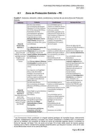 PLAN MAESTRO PARQUE NACIONAL CORDILLERA AZUL
2017-2021
Página 45 de 68
4.1 Zona de Protección Estricta – PE
Cuadro 7. Subzona, ubicación, criterio, condiciones y normas de uso de la Zona de Protección
Estricta.
Subzona Criterio Condiciones Normas de Uso
Zona de
Protección
Estricta 1
Abarca parte de la
zona norte del
PNCAZ, con Zonas
geológicamente
frágiles y con
ecosistemas
únicos
En esta zona existen:
Los ecosistemas de bosque:
Montano (71.51%), Colinoso
(27.51%), Aluvial (0.73%) y
humedales (0.25%)
principalmente aguajales.
Conserva formaciones
vegetales únicas como:
Bosques Montanos (Cerro
Cinco Puntas, bosques de
nubes con estrato alto y poca
accesibilidad.
Las cabeceras de cuenca de
los ríos Yanayacu y
Chipurana de la cuenca del
río Huallaga y de los ríos
Santa Catalina, Sarayaquillo
y Cushabatay de la cuenca
del río Ucayali.
Los Cerros rojizos y blancos
erosionados (causadas por la
inestabilidad geológica de la
zona).
Los espacios con fragilidad
física y alta diversidad
biológica con presencia de
especies como el Capito
wallacei, especie endémica de
la cordillera Azul (Red List
UICN, 2016-3).
Las actividades que se
realicen no deberán afectar
los ecosistemas montanos,
colinosos, aluvial,
humedales, aguajales y las
cabeceras de cuenca de los
ríos Yanayacu y Chipurana
de la cuenca del río
Huallaga y de los ríos Santa
Catalina, Sarayaquillo y
Cushabatay de la cuenca
del río Ucayali.
Las actividades que se
realicen no deben alterar el
hábitat del Capito wallacei
ni su presencia y no deben
generar la
desestabilización de
taludes o deslizamientos de
suelos.
El uso de algún tipo de
recurso no está permitido, a
excepción de las
poblaciones indígenas que
hacen uso de subsistencia.
Las actividades estarán
limitadas a:
• Acciones mínimas de
control y vigilancia por
parte de guardaparques, los
patrullajes se hacen
alrededor del ANP y si se
detectan afectaciones se
harán ingresos
excepcionales.
• Excepcionalmente se
realizarán investigación y
monitoreo, con impacto
cero; limitadas a la
observación y registro en
rutas, aprobadas por la
jefatura del PNCAZ y que
sean prioritarias para el
ANP.
Zona de
Protección
Estricta 2
Está ubicada en la
parte más
estrecha del
PNCAZ conocida
como el “cuello
del PNCAZ”
En esta zona existen:
Los ecosistemas de bosque:
Montano (99.90%) y Colinoso
(0.10%).
Zona frágil con gran dinámica
geológica y muchos
derrumbes.
Presencia de formas
fisiográficas especiales:
Montañas de Cimas
Redondeadas y Cimas
Escarpadas.
Formaciones geológicas
singulares como las
Formaciones Vivian
4
.
Las actividades que se
realicen no deben generar
afectación en las
formaciones Vivian y en las
comunidades biológicas
singulares.
Las actividades que se
realicen no deben generar
cambios en la dinámica
geológica en las zonas
frágiles, ni
desestabilización de
taludes ni deslizamientos
de suelos.
Asimismo, no se debe
4
Las Formaciones Vivian constituyen un singular sistema geológico de montañas largas, relativamente
recientes, notablemente uniformes y sinuosas. Las "Vivian" caracterizan a Cordillera Azul, y la atraviesan
casi en su totalidad, con montañas en hileras en forma de pirámides gigantes planas e inclinadas en
forma de “zig-zag”, de hasta 7 Km. de ancho en la base. Por el lado oeste crecen de manera gradual,
mientras que su flanco oriental forma paredes perpendiculares que bloquea el acceso, como en el caso
de las Mananxawe manan en la cuenca del Pisqui.
 