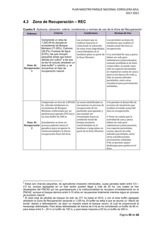 PLAN MAESTRO PARQUE NACIONAL CORDILLERA AZUL
2017-2021
Página 49 de 68
4.3 Zona de Recuperación – REC
Cuadro 9. Subzona, ubicación, criterio, condiciones y normas de uso de la Zona de Recuperación.
Subzona Criterio Condiciones Normas de Uso
Zona de
Recuperación
1
Comprende un área de
1,255.44 ha ubicada en
ecosistemas de Bosque
Montano (71.00%), Colinoso
(28.2%), Cuerpos de Agua
(0.9%), las que incluyen
pequeñas áreas que fueron
afectas por cultivo
5
a las que
se les ha incluido alrededor un
área buffer
6
o colchón, y se
encuentran en fase de
recuperación natural.
Las acciones que se
realicen buscaran ir
reduciendo la extensión
de estas áreas degradadas,
convirtiéndolas en el
mediano plazo en parte de
la Zona Silvestre.
• se permiten acciones de
monitoreo que evalúen el
estado actual del área en
recuperación.
• La actividad de caza y pesca
deben ser solo para
subsistencia (autoconsumo),
estando prohibida la de fines
comerciales; se puede cazar
sólo las especies permitidas,
se respetaran cuotas de caza y
pesca y las épocas de veda, y,
sólo se usaran métodos
permitidos, entre otras
consideraciones previamente
señaladas.
Zona de
Recuperación
2
Comprende un área de 1,093.83
ha ubicada totalmente en
ecosistemas de Bosques
Montano conformada por un
pastizal para ganado (255 ha) y
un área buffer de 200 m.
Actualmente se tiene un
proceso judicial contra el
ganadero para recuperar la
institucionalidad y la futura
recuperación física del área.
La zonas identificadas se
encuentran en proceso de
recuperación de los
pastizales para ganado, y
que puedan ser
remontados hacia su
condición inicial de
bosque montano,
convirtiéndola en el
mediano o largo plazo en
parte de la Zona Silvestre.
• Se permite el desarrollo de
acciones de monitoreo que
evalúen el estado actual del
área en recuperación.
• Tener en cuenta que la
actividad de caza y pesca
deben ser solo para
subsistencia (autoconsumo),
con especies permitidas,
cuotas, épocas de veda,
métodos permitidos, entre
otras consideraciones
previamente señaladas.
• No se permite mayor
desbosque para pastos en el
área.
5
Estas son chacras pequeñas, de agricultores invasores individuales, cuyas parcelas están entre 0.5 –
2.5 ha, aunque agregadas en un solo sector pueden llegar a más de 20 ha. Los cuales se han
desalojados del PNCAZ por los guardaparques y la institucionalidad se recupera inmediatamente en el
PNCAZ, aunque el bosque demora entre 5-10 años en recuperarse totalmente mientras sigue en proceso
de sucesión natural.
6
El área total de pérdida de bosque ha sido de 371 ha hasta el 2015, y con el área buffer agregada
alrededor la Zona de Recuperación asciende a 1,255 ha. El buffer se debe a que se asume un “efecto de
borde” debido a deforestación, es decir un impacto sobre el bosque vecino, el cual es proporcional al
hectareaje deforestado. Para áreas deforestadas de menos de 5 ha se ha considerado un buffer de 80 m,
para áreas entre 5 – 20 m un buffer de 130 m, y para áreas mayores a 20 ha un buffer de 200 m.
 