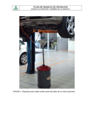 PLAN DE MANEJO DE RESIDUOS
                       AGENCIA AUTOMOTRIZ: <NOMBRE DE LA AGENCIA>




FIGURA 1.- Dispositivo para captar aceite usado del cárter de un motor automotriz
 