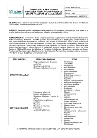 INSTRUCTIVO PLAN MARCO DE
INSPECCIÓN PARA LA CERTIFICACIÓN DE
BUENAS PRÁCTICAS DE MANUFACTURA
Código: PM07-AC-I6
Versión: 1
Página 1 de 4
Fecha de emisión: 05/08/2013
EL FORMATO IMPRESO DE ESTE DOCUMENTO ES UNA COPIA NO CONTROLADA
OBJETIVO: Dar a conocer los diferentes aspectos a evaluar durante la auditoria de Buenas Prácticas de
Manufactura a establecimientos farmacéuticos.
ALCANCE: Va dirigido a todos los laboratorios farmacéuticos fabricantes de medicamentos en el país y en el
exterior, incluyendo medicamentos fabricados y utilizados en investigación clínica.
JUSTIFICACIÓN: En cumplimiento de las funciones de control y vigilancia del Instituto Nacional de Vigilancia
de Medicamentos y Alimentos – INVIMA –para los medicamentos que se distribuyen y comercializan en el
país, se hace necesario establecer las directrices para evaluar el cumplimiento de las Buenas Prácticas de
Manufactura mediante el proceso de inspección (auditoria) que contempla en forma global y aleatoria cada
uno de los parámetros contenidos en el plan marco de inspección extraído del documento WHO de la Serie
de Informes Técnicos 823 Informe Técnico 32 de la OMS, acogido mediante Resolución 03183 del 23 de
Agosto de 1995 del Ministerio de Salud de la República de Colombia y la guía de Inspección de Buenas
Prácticas de Manufactura para Establecimientos de Producción Farmacéutica, acogida mediante resolución
1087 del 05 de Julio de 2001 del Ministerio de Salud.
COMPONENTES ASPECTOS A EVALUAR ITEMS
GARANTÍA DE CALIDAD
Programa de garantía de calidad
Auditorias
Quejas y devoluciones
Retiro de producto del mercado
- Parámetros
- Actividades
- Divulgación
- Procedimientos
- Cronogramas
- Autoinspecciones
- Proveedores
- Listado de proveedores
- Seguimiento
- Registros
- Registro y procedimientos
- Manejo e investigación
- Respuesta al cliente
- Procedimiento
- Evaluación
- Conciliación e informe
CONTROL DE CALIDAD
Patrones de referencia
Equipos e instalaciones
Reactivos, soluciones y medios de
cultivo
Especificaciones y técnicas
analíticas
Muestreo
Muestras de retención
Estabilidad
Aprobación y liberación
- Manejo
- Almacenamiento
- Registro
- Vigencia
- Procedimientos de
manejo y limpieza
- Calibración de equipos
- Mantenimiento
- Elementos de seguridad
- Manejo
- Almacenamiento – eliminación
- Registro
- Vigencia
- Documentación
- Referencias
- Registro
- Manejo de desviaciones
- Metodología
 