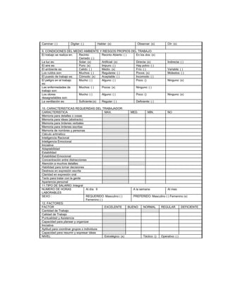 Caminar: ( ) Digitar: ( ) Hablar: (x) Observar: (x) Oír: (x)
9. CONDICIONES DEL MEDIO AMBIENTE Y RIESGOS PROPIOS DEL TRABAJO:
El trabajo se realiza en: Recinto
Cerrado: ( )
Recinto Abierto: ( ) En los dos: (x)
La luz es: Solar: (x) Artificial: (x) Directa: (x) Indirecta: ( )
El aire es: Puro: (x) Impuro: ( ) Hay polvo: ( )
El ambiente es: Calido: ( ) Medio: (x) Frío: ( ) Variable: ( )
Los ruidos son: Muchos: ( ) Regulares: ( ) Pocos: (x) Molestos: ( )
El puesto de trabajo es: Cómodo: (x) Aceptable: ( ) Incomodo: ( )
El peligro en el trabajo
es:
Mucho: ( ) Alguno: ( ) Poco: () Ninguno: (x)
Las enfermedades de
trabajo son:
Muchos: ( ) Pocos: (x) Ninguno: ( )
Los olores
desagradables son:
Mucho: ( ) Alguno: ( ) Poco: () Ninguno: (x)
La ventilación es: Suficiente:(x) Regular: ( ) Deficiente: ( )
10. CARACTERISTICAS REQUERIDAS DEL TRABAJADOR:
CARACTERISTICA MAX. MED. MIN. NO
Memoria para detalles o cosas
Memoria para ideas (abstracto)
Memoria para órdenes verbales
Memoria para órdenes escritas
Memoria de nombres y personas
Cálculo aritmético
Inteligencia Racional
Inteligencia Emocional
Iniciativa
Adaptabilidad
Estabilidad
Estabilidad Emocional
Concentración entre distracciones
Atención a muchos detalles
Habilidad para tomar decisiones
Destreza en expresión escrita
Claridad en expresión oral
Tacto para tratar con la gente
Apariencia personal
11.TIPO DE SALARIO: Integral
NUMERO DE HORAS
LABORABLES
Al día: 9 A la semana: Al mes:
SEXO : REQUERIDO: Masculino ( )
Femenino ( )
PREFERIDO: Masculino ( ) Femenino (x)
12. FACTORES:
FACTOR EXCELENTE BUENO NORMAL REGULAR DEFICIENTE
Cantidad de Trabajo
Calidad de Trabajo
Puntualidad y Asistencia
Capacidad para planear y organizar
Iniciativa
Aptitud para coordinar grupos o individuos
Capacidad para resumir y expresar ideas
NIVEL: Estratégico: (x) Táctico: () Operativo: ( )
 