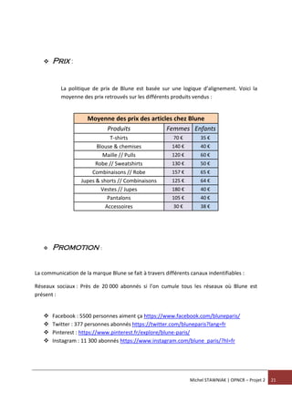 Michel STAWNIAK | OPNCR – Projet 2 21
 Prix :
La politique de prix de Blune est basée sur une logique d’alignement. Voici la
moyenne des prix retrouvés sur les différents produits vendus :
 Promotion :
La communication de la marque Blune se fait à travers différents canaux indentifiables :
Réseaux sociaux : Près de 20 000 abonnés si l’on cumule tous les réseaux où Blune est
présent :
 Facebook : 5500 personnes aiment ça https://www.facebook.com/bluneparis/
 Twitter : 377 personnes abonnés https://twitter.com/bluneparis?lang=fr
 Pinterest : https://www.pinterest.fr/explore/blune-paris/
 Instagram : 11 300 abonnés https://www.instagram.com/blune_paris/?hl=fr
Moyenne des prix des articles chez Blune
Produits Femmes Enfants
T-shirts 70 € 35 €
Blouse & chemises 140 € 40 €
Maille // Pulls 120 € 60 €
Robe // Sweatshirts 130 € 50 €
Combinaisons // Robe 157 € 65 €
Jupes & shorts // Combinaisons 125 € 64 €
Vestes // Jupes 180 € 40 €
Pantalons 105 € 40 €
Accessoires 30 € 38 €
 