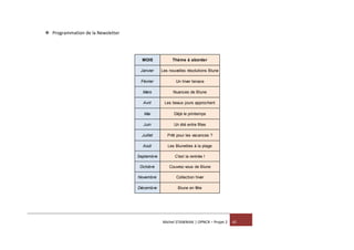 Michel STAWNIAK | OPNCR – Projet 2 42
 Programmation de la Newsletter
MOIS Thème à aborder
Janvier Les nouvelles résolutions Blune
Février Un hiver tenace
Mars Nuances de Blune
Avril Les beaux jours approchent
Mai Déjà le printemps
Juin Un été entre filles
Juillet Prêt pour les vacances ?
Août Les Blunettes à la plage
Septembre C'est la rentrée !
Octobre Couvrez-vous de Blune
Novembre Collection hiver
Décembre Blune en fête
 