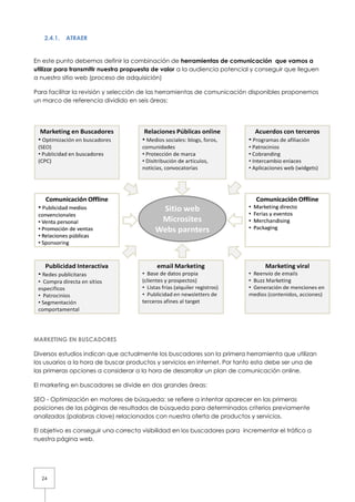 24
2.4.1. ATRAER
En este punto debemos definir la combinación
utilizar para transmitir nuestra propuesta de v
a nuestro sitio web (proceso de adquisición)
Para facilitar la revisión y selección de las
un marco de referencia dividido en seis áreas:
MARKETING EN BUSCADORES
Diversos estudios indican que actualmente los buscadores son la p
los usuarios a la hora de buscar productos y servicios
las primeras opciones a considerar
El marketing en buscadores se divide en dos grandes áreas:
SEO - Optimización en motores de búsqueda: se refiere a
posiciones de las páginas de resultados de
analizados (palabras clave) relacionados con nuestra oferta de productos y servicios.
El objetivo es conseguir una correcta visibilidad en los buscadores para incrementar el tráfico a
nuestra página web.
En este punto debemos definir la combinación de herramientas de comunicación que vamos a
utilizar para transmitir nuestra propuesta de valor a la audiencia potencial y conseguir
a nuestro sitio web (proceso de adquisición)
y selección de las herramientas de comunicación disponibles proponemos
un marco de referencia dividido en seis áreas:
Diversos estudios indican que actualmente los buscadores son la primera herramienta que utilizan
a la hora de buscar productos y servicios en internet. Por tanto esta debe ser una de
las primeras opciones a considerar a la hora de desarrollar un plan de comunicación online
El marketing en buscadores se divide en dos grandes áreas:
Optimización en motores de búsqueda: se refiere a intentar aparecer en las primeras
las páginas de resultados de búsqueda para determinados criterios previ
relacionados con nuestra oferta de productos y servicios.
El objetivo es conseguir una correcta visibilidad en los buscadores para incrementar el tráfico a
herramientas de comunicación que vamos a
a la audiencia potencial y conseguir que lleguen
herramientas de comunicación disponibles proponemos
rimera herramienta que utilizan
. Por tanto esta debe ser una de
de desarrollar un plan de comunicación online.
recer en las primeras
s criterios previamente
relacionados con nuestra oferta de productos y servicios.
El objetivo es conseguir una correcta visibilidad en los buscadores para incrementar el tráfico a
 