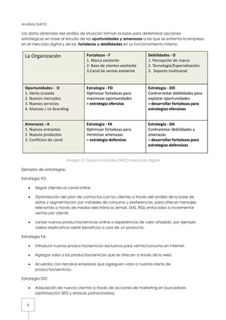 8
Análisis DAFO
Los datos obtenidos del análisis de situación
estratégicas en base al estudio de
en el mercado digital y de las fortalezas y debilidades
Imagen 5
Ejemplos de estrategias:
Estrategia FO:
• Migrar clientes al canal online.
• Optimización del plan de contactos con los clientes a través del análisis de la base de
datos y segmentación por variables de consumo y preferencias
relevantes a través de medios electrónicos (em
ventas por cliente.
• Lanzar nuevos productos/servicios online o experiencias de valor añadido, por ejemplo
videos explicativos sobre beneficios o usos de un producto.
Estrategia FA:
• Introducir nuevos productos/servicio
• Agregar valor a los productos/servicios que se ofrecen a través de la web.
• Acuerdos con terceras empresas que agreguen valor a nuestra oferta de
productos/servicios.
Estrategia DO:
• Adquisición de nuevos clientes
(optimización SEO y enlaces patrocinados)
s del análisis de situación forman la base para determinar
en base al estudio de las oportunidades y amenazas a las que se enfrenta la empresa
fortalezas y debilidades en su funcionamiento interno.
Imagen 5: Esquema análisis DAFO mercado digital
Migrar clientes al canal online.
Optimización del plan de contactos con los clientes a través del análisis de la base de
datos y segmentación por variables de consumo y preferencias, para ofrecer mensajes
relevantes a través de medios electrónicos (email, SMS, RSS) enfocados a incrementar
Lanzar nuevos productos/servicios online o experiencias de valor añadido, por ejemplo
sobre beneficios o usos de un producto.
Introducir nuevos productos/servicios exclusivos para venta/consumo en internet.
Agregar valor a los productos/servicios que se ofrecen a través de la web.
Acuerdos con terceras empresas que agreguen valor a nuestra oferta de
Adquisición de nuevos clientes a través de acciones de marketing en buscadores
(optimización SEO y enlaces patrocinados)
forman la base para determinar opciones
a las que se enfrenta la empresa
en su funcionamiento interno.
Optimización del plan de contactos con los clientes a través del análisis de la base de
para ofrecer mensajes
ail, SMS, RSS) enfocados a incrementar
Lanzar nuevos productos/servicios online o experiencias de valor añadido, por ejemplo
s exclusivos para venta/consumo en internet.
Agregar valor a los productos/servicios que se ofrecen a través de la web.
Acuerdos con terceras empresas que agreguen valor a nuestra oferta de
a través de acciones de marketing en buscadores
 
