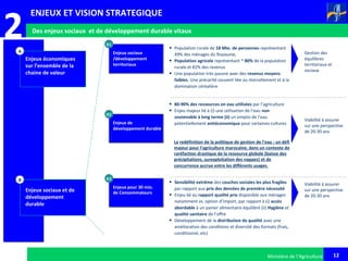 12
2
Ministère de l’Agriculture
Des enjeux sociaux et de développement durable vitaux
A
B
Enjeux sociaux et de
développement
durable
Enjeux économiques
sur l’ensemble de la
chaine de valeur
• Population rurale de 18 Mio. de personnes représentant
49% des ménages du Royaume,
• Population agricole représentant ~ 80% de la population
rurale et 82% des revenus
• Une population très pauvre avec des revenus moyens
faibles. Une précarité souvent liée au morcellement et à la
domination céréalière
Enjeux sociaux
/développement
territoriaux
B1
Gestion des
équilibres
territoriaux et
sociaux
• 80-90% des ressources en eau utilisées par l’agriculture
• Enjeu majeur lié à (i) une utilisation de l’eau non
soutenable à long terme (ii) un emploi de l’eau
potentiellement antiéconomique pour certaines culturesEnjeux de
développement durable
B2
Viabilité à assurer
sur une perspective
de 20-30 ans
• Sensibilité extrême des couches sociales les plus fragiles
par rapport aux prix des denrées de première nécessité
• Enjeu lié au rapport qualité prix disponible aux ménages
notamment vs. option d’import, par rapport à (i) accès
abordable à un panier alimentaire équilibré (ii) Hygiène et
qualité sanitaire de l’offre
• Développement de la distribution de qualité avec une
amélioration des conditions et diversité des formats (frais,
conditionné, etc)
Enjeux pour 30 mio.
de Consommateurs
B3
Viabilité à assurer
sur une perspective
de 20-30 ans
La redéfinition de la politique de gestion de l’eau : un défi
majeur pour l’agriculture marocaine, dans un contexte de
raréfaction drastique de la ressource globale (baisse des
précipitations, surexploitation des nappes) et de
concurrence accrue entre les différents usages
ENJEUX ET VISION STRATEGIQUE
 
