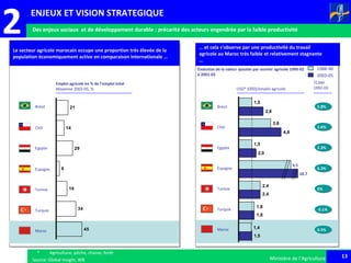 13Ministère de l’Agriculture 13Ministère de l’Agriculture
* Agriculture, pêche, chasse, forêt
Source: Global Insight, WB
… et cela s'observe par une productivité du travail
agricole au Maroc très faible et relativement stagnante
…
Le secteur agricole marocain occupe une proportion très élevée de la
population économiquement active en comparaison internationale …
Maroc
Egypte
Brésil
Chili
Espagne
Turquie
45
34
19
6
29
14
21
1988-90
2003-05
Emploi agricole en % de l'emploi total
Moyenne 2003-05, %
Tunisie
Évolution de la valeur ajoutée par ouvrier agricole 1990-92
à 2001-03
Chili
Maroc
Egypte
Brésil
Tunisie
1,4
1,8
2,4
1,5
3,6
1,5
1,5
1,8
2,4
2,0
4,8
2,8
9.5
18.7
Turquie
5.8%5.8%
2.6%2.6%
2.3%2.3%
6.3%6.3%
0%0%
0.5%0.5%
-0.1%-0.1%
Espagne
USD* (000)/emploi agricole
TCAM
1992-03
2 Des enjeux sociaux et de développement durable : précarité des acteurs engendrée par la faible productivité
ENJEUX ET VISION STRATEGIQUE
 