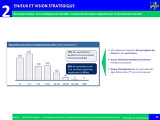16Ministère de l’Agriculture 16Ministère de l’AgricultureSource: RGA 1996, Rapport : « Echanges commerciaux et compétitivité des agricultures marocaine et européennes »
• Morcellement important dû aux régimes du
foncier et des successions
• Succès limité des tentatives de réforme
entreprises jusque là
• Risque d’accélération lié à la pyramide des
âges défavorable (~55 ans de moyenne)
2 Des enjeux sociaux et de développement durable : la précarité des acteurs engendrée par le morcellement excessif
ENJEUX ET VISION STRATEGIQUE
 