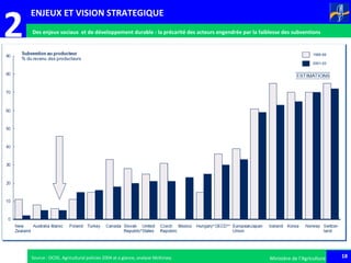 18Ministère de l’Agriculture 18Ministère de l’AgricultureSource : OCDE, Agricultural policies 2004 at a glance, analyse McKinsey
2 Des enjeux sociaux et de développement durable : la précarité des acteurs engendrée par la faiblesse des subventions
ENJEUX ET VISION STRATEGIQUE
 