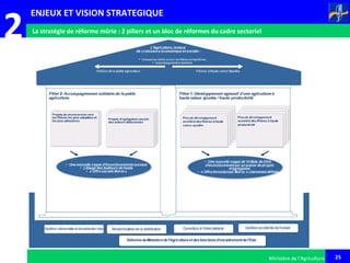25Ministère de l’Agriculture
2 La stratégie de réforme mûrie : 2 piliers et un bloc de réformes du cadre sectoriel
ENJEUX ET VISION STRATEGIQUE
 