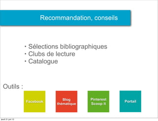Recommandation, conseils



                   •   Sélections bibliographiques
                   •   Clubs de lecture
                   •   Catalogue


  Outils :
                                   Blog      Pinterest
                   Facebook                              Portail
                                thématique   Scoop it



jeudi 21 juin 12
 
