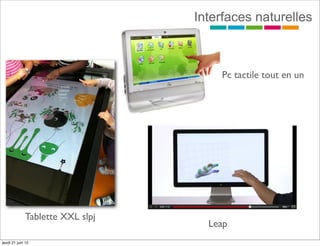 Interfaces naturelles



                                     Pc tactile tout en un




             Tablette XXL slpj
                                   Leap
jeudi 21 juin 12
 