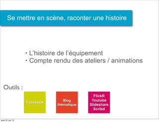Se mettre en scène, raconter une histoire




                   •   L’histoire de l’équipement
                   •   Compte rendu des ateliers / animations



  Outils :
                                               FlickR
                                   Blog       Youtube
                   Facebook
                                thématique   Slideshare
                                               Scribd

jeudi 21 juin 12
 