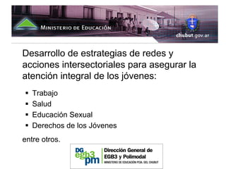 Desarrollo de estrategias de redes y
acciones intersectoriales para asegurar la
atención integral de los jóvenes:
   Trabajo
   Salud
   Educación Sexual
   Derechos de los Jóvenes
entre otros.
 