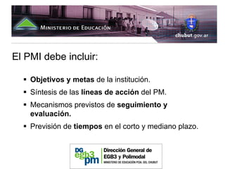 El PMI debe incluir:

    Objetivos y metas de la institución.
    Síntesis de las líneas de acción del PM.
    Mecanismos previstos de seguimiento y
    evaluación.
    Previsión de tiempos en el corto y mediano plazo.
 