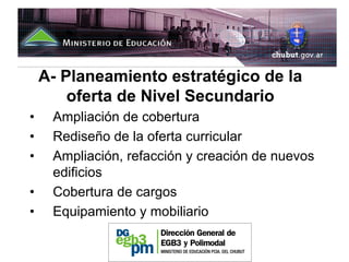 A- Planeamiento estratégico de la
        oferta de Nivel Secundario
•    Ampliación de cobertura
•    Rediseño de la oferta curricular
•    Ampliación, refacción y creación de nuevos
     edificios
•    Cobertura de cargos
•    Equipamiento y mobiliario
 