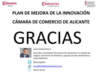 PLAN DE MEJORA DE LA INNOVACIÓN
CÁMARA DE COMERCIO DE ALICANTE



GRACIAS Josué Gadea García
        Consultor y facilitador del proceso de rejuvenecer tu modelo de
        negocio. Ecotrainer de directivos, equipos de alto rendimiento y
        emprendedores.
        @josuegadea
        josue@thebigstepcompany.com
        626 41 20 50
 