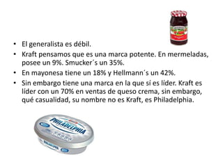 • El generalista es débil.
• Kraft pensamos que es una marca potente. En mermeladas,
  posee un 9%. Smucker´s un 35%.
• En mayonesa tiene un 18% y Hellmann´s un 42%.
• Sin embargo tiene una marca en la que sí es líder. Kraft es
  líder con un 70% en ventas de queso crema, sin embargo,
  qué casualidad, su nombre no es Kraft, es Philadelphia.
 