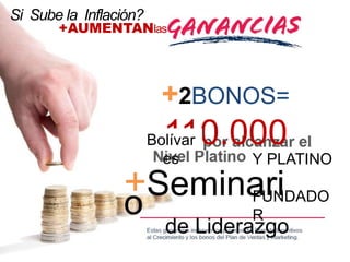 +2BONOS=
110.000Bolívar
es Y PLATINO
FUNDADO
R
+Seminari
o
de Liderazgo
Si Sube la Inflación?
+AUMENTANlas
 