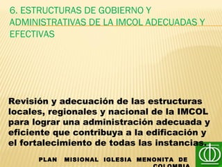 6. ESTRUCTURAS DE GOBIERNO Y
ADMINISTRATIVAS DE LA IMCOL ADECUADAS Y
EFECTIVAS
PLAN MISIONAL IGLESIA MENONITA DE
Revisión y adecuación de las estructuras
locales, regionales y nacional de la IMCOL
para lograr una administración adecuada y
eficiente que contribuya a la edificación y
el fortalecimiento de todas las instancias.
 