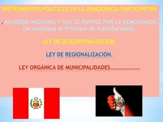 INSTRUMENTOS POLÍTICOS DE LA DEMOCRACIA PARTICIPATIVA
. ACUERDO NACIONAL Y SUS 32 PUNTOS POR LA DEMOCRACIA.
(Se establece el Principio de Subsidiaredad).
LEY DE DESCENTRALIZACIÓN.
LEY DE REGIONALIZACIÓN.

LEY ORGÁNICA DE MUNICIPALIDADES………………….

 