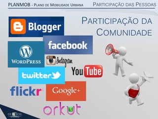 PLANMOB - PLANO DE MOBILIDADE URBANA

PARTICIPAÇÃO DAS PESSOAS

PARTICIPAÇÃO DA
COMUNIDADE

 