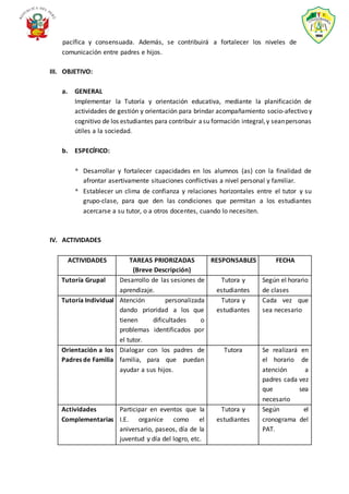 pacífica y consensuada. Además, se contribuirá a fortalecer los niveles de
comunicación entre padres e hijos.
III. OBJETIVO:
a. GENERAL
Implementar la Tutoría y orientación educativa, mediante la planificación de
actividades de gestión y orientación para brindar acompañamiento socio-afectivo y
cognitivo de los estudiantes para contribuir asu formación integral,y seanpersonas
útiles a la sociedad.
b. ESPECÍFICO:
* Desarrollar y fortalecer capacidades en los alumnos (as) con la finalidad de
afrontar asertivamente situaciones conflictivas a nivel personal y familiar.
* Establecer un clima de confianza y relaciones horizontales entre el tutor y su
grupo-clase, para que den las condiciones que permitan a los estudiantes
acercarse a su tutor, o a otros docentes, cuando lo necesiten.
IV. ACTIVIDADES
ACTIVIDADES TAREAS PRIORIZADAS
(Breve Descripción)
RESPONSABLES FECHA
Tutoría Grupal Desarrollo de las sesiones de
aprendizaje.
Tutora y
estudiantes
Según el horario
de clases
Tutoría Individual Atención personalizada
dando prioridad a los que
tienen dificultades o
problemas identificados por
el tutor.
Tutora y
estudiantes
Cada vez que
sea necesario
Orientación a los
Padres de Familia
Dialogar con los padres de
familia, para que puedan
ayudar a sus hijos.
Tutora Se realizará en
el horario de
atención a
padres cada vez
que sea
necesario
Actividades
Complementarias
Participar en eventos que la
I.E. organice como el
aniversario, paseos, día de la
juventud y día del logro, etc.
Tutora y
estudiantes
Según el
cronograma del
PAT.
 