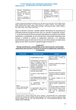 PLAN MULTISECTORIAL PARA LA PREVENCIÓN Y REDUCCIÓN DE LA ANEMIA
MATERNO INFANTIL EN EL PERÚ. PERIODO 2024-2030
PERÍODO 2024-2030
40
(*) Según el Esquema de periodicidad de controles de niña y niño menor de cinco años. RM N° 537-2017/MINSA. Recién
nacido: 4 controles: 48 horas de alta, 7,12 y 21 días de vida. De 01-11 meses:11 controles: 1 mes, 2 meses,3 meses,
4meses, 5meses, 6meses, 7 meses, 8 meses, 9 meses, 10 meses y 11 meses. De 1 año-1 año, 11 meses:6 controles: 1
año, 1 años 2 meses, 1 año 4 meses, a año 6 meses, 1 año 8 meses, 1 año 10 meses. De 2 años – 2 años 11 meses:4: 2
años, 2 años 3 meses, 2 años 6 meses, 2 años 9 meses.
Según la Revisión Cochrane: “Nutrition‐specific interventions for preventing and
controlling anaemia throughout the life cycle: an overview of systematic reviews”
87, se resume la evidencia de las revisiones sistemáticas con respecto a los efectos
beneficiosos o perjudiciales de las intervenciones nutricionales específicas para
prevenir y controlar la anemia en poblaciones anémicas o no anémicas,
aparentemente sanas durante todo el ciclo de vida. Dicha revisión se realizó hasta
agosto del año 2020 y encontró lo siguiente según el Cuadro N° 7:
Cuadro Nº 7
Efectos beneficiosos o perjudiciales de las intervenciones nutricionales
específicas para prevenir y controlar la anemia en poblaciones anémicas o
no anémicas
Grupo de edad Resultados principales Resultado
Niñas y niños de 6 a 23
meses
La suplementación con hierro.
Aumentó los niveles de Hb y redujo el
riesgo de anemia y anemia por
deficiencia de hierro.
El enriquecimiento con hierro de la
leche o los cereales, el polvo con
múltiples micronutrientes (MN), el
enriquecimiento domiciliario de los
alimentos complementarios y la
alimentación suplementaria.
Aumento los niveles de Hb y redujo el
riesgo de anemia
La administración de suplementos de
nutrientes a base de lípidos.
Redujo el riesgo de anemia
El cereal de oruga fortificado con
hierro.
Aumentó los niveles de Hb y redujo la
prevalencia de anemia por deficiencia
de hierro.
Las estrategias basadas en alimentos
(carne roja y leche de vaca fortificada,
carne de res).
No mostraron evidencia de una
diferencia
Niñas y
Niños en edad pre-escolar
y escolar de 2 a 10 años
La suplementación diaria o
intermitente con hierro.
Aumentó los niveles de Hb y redujo el
riesgo de anemia y deficiencia de
hierro.
La suplementación diaria versus la
suplementación intermitente con
hierro.
No encontró evidencia de diferencia
en los niveles de Hb, pero si un mayor
riesgo de anemia y deficiencia de
hierro para la suplementación
intermitente.
87 Da Silva Lopes K, Yamaji N, Rahman MO, Suto M, Takemoto Y, Garcia-Casal MN, Ota E. Nutrition-specific
interventions for preventing and controlling anaemia throughout the life cycle: an overview of systematic reviews.
Cochrane Database Syst Rev. 2021 Sep 26;9(9):CD013092. doi: 10.1002/14651858.CD013092.pub2. PMID:
34564844; PMCID: PMC8464655.
- Sesiones demostrativas
de preparación de
alimentos (promoción del
consumo de alimentos
fortificados)
- Control de parasitosis a
través de desparasitación
masiva.
- Consejería nutricional en
alimentación complementaria
- Consejería en lactancia
materna exclusiva.
- Consejería durante la entrega
del suplemento en la niña o
niño.
 