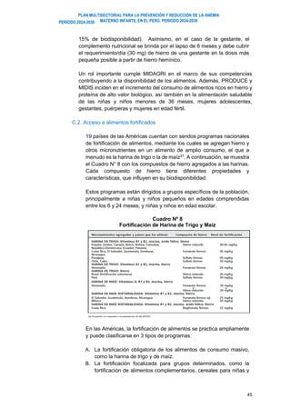 PLAN MULTISECTORIAL PARA LA PREVENCIÓN Y REDUCCIÓN DE LA ANEMIA
MATERNO INFANTIL EN EL PERÚ. PERIODO 2024-2030
PERÍODO 2024-2030
45
15% de biodisponibilidad). Asimismo, en el caso de la gestante, el
complemento nutricional se brinda por el lapso de 6 meses y debe cubrir
el requerimiento/día (30 mg) de hierro de una gestante en la dosis más
pequeña posible a partir de hierro hemínico.
Un rol importante cumple MIDAGRI en el marco de sus competencias
contribuyendo a la disponibilidad de los alimentos. Además, PRODUCE y
MIDIS inciden en el incremento del consumo de alimentos ricos en hierro y
proteína de alto valor biológico, así también en la alimentación saludable
de las niñas y niños menores de 36 meses, mujeres adolescentes,
gestantes, puérperas y mujeres en edad fértil.
C.2. Acceso a alimentos fortificados
19 países de las Américas cuentan con sendos programas nacionales
de fortificación de alimentos, mediante los cuales se agregan hierro y
otros micronutrientes en un alimento de amplio consumo, el que a
menudo es la harina de trigo o la de maíz31
. A continuación, se muestra
el Cuadro N° 8 con los compuestos de hierro agregados a las harinas.
Cada compuesto de hierro tiene diferentes propiedades y
características, que influyen en su biodisponibilidad.
Estos programas están dirigidos a grupos específicos de la población,
principalmente a niñas y niños pequeños en edades comprendidas
entre los 6 y 24 meses, y niñas y niños en edad escolar.
Cuadro Nº 8
Fortificación de Harina de Trigo y Maíz
En las Américas, la fortificación de alimentos se practica ampliamente
y puede clasificarse en 3 tipos de programas:
A. La fortificación obligatoria de los alimentos de consumo masivo,
como la harina de trigo y de maíz.
B. La fortificación focalizada para grupos determinados, como la
fortificación de alimentos complementarios, cereales para niñas y
 