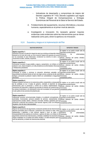 PLAN MULTISECTORIAL PARA LA PREVENCIÓN Y REDUCCIÓN DE LA ANEMIA
MATERNO INFANTIL EN EL PERÚ. PERIODO 2024-2030
PERÍODO 2024-2030
50
− Indicadores de desempeño y compromisos de mejora del
Decreto Legislativo N° 1153, Decreto Legislativo que regula
la Política Integral de Compensaciones y Entregas
Económicas del Personal de la Salud al Servicio del Estado.
d. Fortalecimiento del equipamiento, recursos informáticos y recursos
humanos, especialmente en el primer nivel de atención.
e. Investigación e innovación. Es necesario generar mayores
evidencias costo evidencias sobre las intervenciones que se vienen
realizando como país y tener la apertura a la innovación.
6.2.6 Supuestos y riesgos en la implementación del Plan
OBJETIVOS ESPECÍFICOS SUPUESTOS Y RIESGOS
Objetivo específico 1:
Garantizar el acceso a la atención integral de salud que contribuya al desarrollo infantil
temprano en el curso de la vida, así como la atención integral de las gestantes de acuerdo
con las necesidades de salud diferenciadas, considerando sus derechos de salud y sus
características sociales, culturales y lingüísticas.
El objetivo no se podría cumplir ante los
siguientes acontecimientos:
Pandemia de enfermedades.
Terremotos.
Efectos adversos del cambio climático.
Inestabilidad política.
Objetivo específico 2:
Incrementar el acceso al agua potable y segura y saneamiento, con énfasis en la
población rural, urbano-marginal y con alta prevalencia de enfermedades infecciosas
e infestaciones parasitarias.
El objetivo no se podría cumplir ante los
siguientes acontecimientos:
Efectos adversos del cambio climático.
Terremotos.
Inestabilidad política.
Objetivo específico 3:
Incrementar el acceso y promover la educación alimentaria saludable con
disponibilidad de alimentos fuente de hierro de origen animal y proteínas de alto valor
biológico, priorizando la población materno infantil con vulnerabilidad e inseguridad
alimentaria
El objetivo no se podría cumplir ante los
siguientes acontecimientos:
Efectos adversos del cambio climático.
Terremotos.
Inestabilidad política.
Objetivo específico 4:
Asegurar la gestión territorial con el compromiso político, programático y presupuestal
de las entidades en los 3 niveles de gobierno, orientado al desarrollo de las
intervenciones para la prevención y control de la anemia implementación de
mecanismos de supervisión y vigilancia que permitan la rendición de cuentas de las y
los actores involucrados y con participación activa de la sociedad civil que garantice
el valor público de las acciones del presente plan.
El objetivo no se podría cumplir ante los
siguientes acontecimientos:
Efectos adversos del cambio climático.
Terremotos.
Inestabilidad política.
Objetivo específico 5:
Implementar acciones comunicacionales dirigidas a la población principalmente a
autoridades, funcionariado, personal prestador de servicios, representantes de
organizaciones sociales, lideres y lideresas comunales, familias y gestantes para la
prevención y reducción de la anemia a nivel nacional, regional y local, con enfoques
de género, ciclo de vida e interculturalidad.
El objetivo no se podría cumplir ante los
siguientes acontecimientos.
Efectos adversos del cambio climático.
Terremotos.
Inestabilidad política.
Objetivo específico 6:
Disponer de mecanismos de seguimiento y evaluación periódica de las intervenciones
efectivas priorizadas para la reducción y prevención de la anemia en niñas, niños,
adolescentes y gestantes a nivel nacional, regional y local, en base a la
interoperabilidad de los sistemas de monitoreo y apertura de datos, con énfasis en el
seguimiento nominal de las intervenciones y orientado a establecer los escenarios de
riesgos multipeligro en el contexto del cambio climático y la alerta temprana para la
toma de decisiones y el diseño de intervenciones efectivas.
El objetivo no se podría cumplir ante los
siguientes acontecimientos:
Pandemia de enfermedades.
Terremotos.
Efectos adversos del cambio climático.
Inestabilidad política.
 