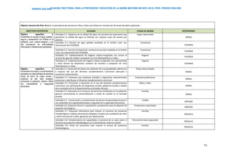 PLAN MULTISECTORIAL PARA LA PREVENCIÓN Y REDUCCIÓN DE LA ANEMIA MATERNO INFANTIL EN EL PERÚ. PERIODO 2024-2030
PERÍODO 2024-2030
73
Objetivo General del Plan: Reducir la prevalencia de anemia en niñas y niños con énfasis en menores de 36 meses de edad y gestantes
OBJETIVOS ESPECÍFICOS Actividad Unidad de Medida RESPONSABLE
Objetivo específico 2:
Incrementar el acceso al agua potable y
segura y saneamiento con énfasis en la
población rural, urbano-marginal y con
alta prevalencia de enfermedades
infecciosas e infestaciones parasitarias.
Actividad 2.1: Vigilancia de la calidad del agua con acciones de supervisión que
garanticen la calidad del agua en distritos con mayores casos de anemia y/o
pobreza.
Hogar supervisado
MINSA
Actividad 2.2: Servicio de agua potable ampliado en el ámbito rural, con
intervención del VIVIENDA.
Conexiones
VIVIENDA
Actividad 2.3: Servicio de disposición sanitaria de excretas ampliado en el ámbito
rural, con intervención del VIVIENDA.
Conexiones
VIVIENDA
Actividad 2.4: Implementación de hogares urbano-marginales con acceso al
servicio de agua de calidad a excepción de Lima Metropolitana y Callao.
Hogares
VIVIENDA
Actividad 2.5: Implementación de hogares urbano-marginales con alcantarillado
u otras formas de disposición sanitaria de excretas a excepción de Lima
Metropolitana y Callao
Hogares
VIVIENDA
Objetivo específico 3:
Incrementar el acceso a una alimentación
saludable con disponibilidad de alimentos
fuente de hierro de origen animal y
proteínas de alto valor biológico,
priorizando la población materno infantil
con vulnerabilidad e inseguridad
alimentaria.
Actividad 3.1: Desarrollo de pilotos de validación de la aceptabilidad, adherencia
e impacto del uso del alimento complementario nutricional adecuado a
escenarios subnacionales.
Pilotos desarrollados
MINSA
Actividad 3.2: Promover que empresas privadas y organismos internacionales
produzcan y distribuyan el alimento complementario nutricional.
Empresas productoras
MINSA
Actividad 3.3: Promoción y educación en el uso del alimento complementario
nutricional, con participación de programas sociales, gobiernos locales y aliados
de la sociedad civil en 6 departamentos priorizados del país.
Niñas y niños
MINSA
Actividad 3.4: Educación en el consumo de alimentos fortificados en la población
general, promoviendo la comercialización a través de canales en el mercado
privado.
Familias
MINSA
Actividad 3.5: Conservación y caracterización de bancos de germoplasma para el
uso sostenible de la agrobiodiversidad y resguardo de la seguridad alimentaria.
Unidad
MIDAGRI
Actividad 3.6: Asistencia técnica y capacitación a productores para la adopción de
paquetes tecnológicos.
Productores capacitados
MIDAGRI
Actividad 3.7: Educación alimentaria para mejorar el consumo de productos
hidrobiológicos y hábitos alimentarios dirigidos a madres y/o cuidadores de niñas
y niños menores de 3 años, gestantes y/o adolescentes.
Familias
PRODUCE
Actividad 3.8: Fortalecimiento de capacidades al personal de la salud sobre el
fomento de productos hidrobiológicos en la alimentación materno infantil.
Personal de Salud capacitado
PRODUCE
Actividad 3.9: Ferias de promoción para mejorar el acceso de productos
hidrobiológicos.
Familias
PRODUCE
 