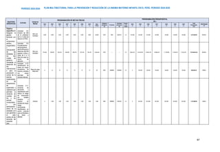 PLAN MULTISECTORIAL PARA LA PREVENCIÓN Y REDUCCIÓN DE LA ANEMIA MATERNO INFANTIL EN EL PERÚ. PERIODO 2024-2030
PERÍODO 2024-2030
87
OBJETIVOS
ESPECÍFICOS
Actividad
Unidad de
Medida
PROGRAMACIÓN DE METAS FÍSICAS
PROGRAMACIÓN PRESUPUESTAL
(S/.)
2024
(*)
2025
(*)
2026
(*)
2027
(*)
2028
(*)
2029
(*)
2030
(*)
Meta
Física
Categoría
presupues
tal
Producto
Actividad
presupues
tal
Genéri
ca de
Gasto
2024
(*)
2025
(*)
2026
(*)
2027
(*)
2028
(*)
2029
(*)
2030
(*)
Total
Presupuesto
( S/.)
RESPONSAB
LE
Objetivo
específico 4:
Asegurar la
gestión
territorial con
el
compromiso
político,
programático
y
presupuestal
de las
entidades en
los tres
niveles de
gobierno
orientadas al
desarrollo de
las
intervencione
s para la
prevención y
control de la
anemia,
implementaci
ón de
mecanismos
de
supervisión y
vigilancia que
permitan la
rendición de
cuentas de
las y los
actores
involucrados
y con
participación
activa de la
sociedad civil
que garantice
el valor
público de las
acciones del
presente
plan.
Actividad 4.8:
Emisión de DNI
de la población
de 0 a 3 años de
edad en la PIAS.
Niño con
Identidad
4,000 4,000 4,000 4,000 4,000 4,000 4,000 28,000 0079 3465 5003312 2.3 152,990 152,990 152,990 152,990 152,990 152,990 152,990 1,070,930.00 RENIEC
Actividad 4.9:
Procedimientos
administrativos
del RUIPN para la
obtención del DNI
gratuito a niños y
niñas de 0 a 3
años de edad en
centro de
atención.
Niño con
Identidad
319,300 328,879 338,745 348,908 359,375 370,156 381,261 2,446,624 0079 ---- ---- 2.3 9,944,537 10,242,873 10,550,148 10,866,673 11,192,665 11,528,437 11,874,301 76,199,634.38 RENIEC
Actividad 4.10:
Identificación de
áreas con mayor
prevalencia de
anemia y ámbitos
con mayor
actividad de
minería informal.
Mapa de riesgo
elaborado
0 14 14 14 14 14 14 84 9002 3999999 5000859 2.3 0 140,000 140,000 140,000 140,000 140,000 140,000 840,000.00 MINSA
Actividad 4.11:
Acciones de
educación y
capacitación para
reducir el riesgo
de intoxicación
por metales
pesados y
anemia, en
ámbitos de mayor
riesgo
previamente
identificados, en
acción conjunta
entre el Ministerio
de Salud y
MINAM.
Distritos 0 1,309 1,309 1,309 1,309 1,309 1,309 7,854 9002 3999999 5000730 2.3 0 261,800 261,800 261,800 261,800 261,800 261,800 1,570,800.00 MINSA
 