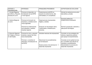 ENTIDAD U               INTERESES                       PROBLEMAS PERCIBIDOS                   ESTRATEGIAS DE SOLUCION
ORGANIZACIÓN
1. Consejo Regional     Promover el desarrollo y la     Predominancia de MYPE en               Articular los esfuerzos de la activi-
de la Micro y Pequeña   formalización de las MYPE       situación de sobrevivencia, alta       dad pública y privada.
Empresa de Junín.       a nivel regional.               informalidad y no competitivas.

                                                                                               Formular políticas de
2. GobiernoRegional     Promover la formación de        Organizaciones empresariales           fortalecimiento empresarial
de Junín.               empresas y unidades econó-      frágiles y volubles.
                        micas regionales.

                        Promover la modernización       Producen con tecnologías nativo-       Normar la proyección, extensión y
                        de la pequeña y mediana         Tradicionales e infraestructura        adecuación tecnológica.
                        empresa regional.               precarias.

3. Dirección Regional   Promover la micro y pequeña     Actitudes reactivas del empresariado   Concertar con las entidades edu-
de Trabajo y Promoci-   empresa y apoyar las inicia-                                           cativas y organismos públicos
ón del Empleo.          tivas empresariales.                                                   para apoyar el emprendimiento.

                        Promover e incentivar el        Desconocen los procedimientos          Concertar con los gobiernos loca-
                        desarrollo y formalización de   de formalización.                      les y la SUNAT para difundir los
                        las MYPE.                                                              requisitos y procedimientos.
                                                        Escaso acceso a los servicios de       Descentralizar los servicios de
                                                        desarrollo empresarial.                desarrollo empresarial.
 