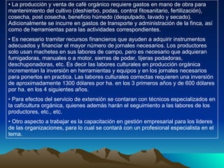 La producción y venta de café orgánico requiere gastos en mano de obra para mantenimiento del cultivo (deshierbo, podas, control fitosanitario, fertilización), cosecha, post cosecha, beneficio húmedo (despulpado, lavado y secado). Adicionalmente se incurre en gastos de transporte y administración de la finca, así como de herramientas para las actividades correspondientes. Es necesario tramitar recursos financieros que ayuden a adquirir instrumentos adecuados y financiar el mayor número de jornales necesarios. Los productores solo usan machetes en sus labores de campo, pero es necesario que adquieran fumigadoras, manuales o a motor, sierras de podar, tijeras podadoras, deschuponadoras, etc. Es decir las labores culturales en producción orgánica incrementan la inversión en herramientas y equipos y en los jornales necesarios para ponerlos en practica. Las labores culturales correctas requieren una inversión de aproximadamente 1300 dólares por ha. en los 3 primeros años y de 600 dólares por ha. en los 4 siguientes años. Para efectos del servicio de extensión se contaran con técnicos especializados en la caficultura orgánica, quienes además harán el seguimiento a las labores de los productores, etc., etc. Otro aspecto a trabajar es la capacitación en gestión empresarial para los lideres de las organizaciones, para lo cual se contará con un profesional especialista en el tema. 